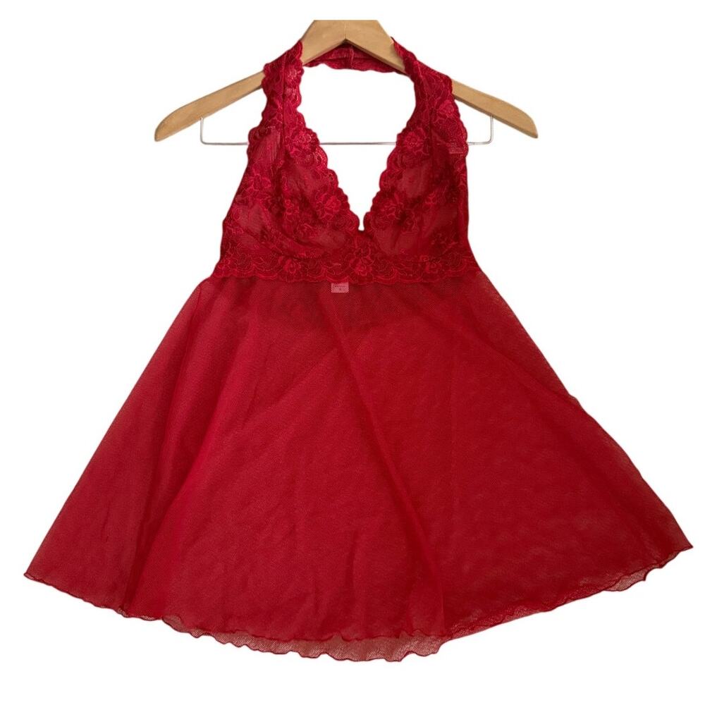 Vintage Victoria Secret Red Halter Lace Mesh Slip Mini Dress Lingerie Babydoll-S